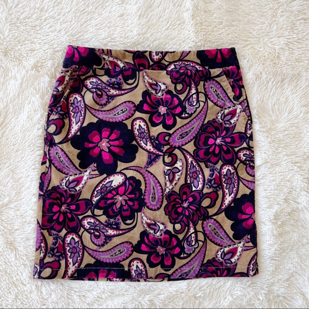 Ann Taylor Factory purple and tan floral and paisley corduroy mini skirt Size 0